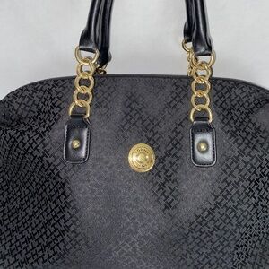 Tommy Hilfiger Black Gold Chain Bowler Large Satchel Handbag Tote Purse